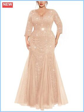 Plus Size Tulle Sequin Lace Mermaid Formal Evening Gown Maxi Dress